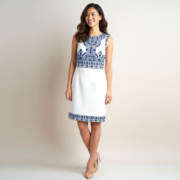Katherine Kelly Dresses & Skirts - Katherine Kelly Ivory Blue Embroidered Sheath Dress Size 8 Coastal Chic